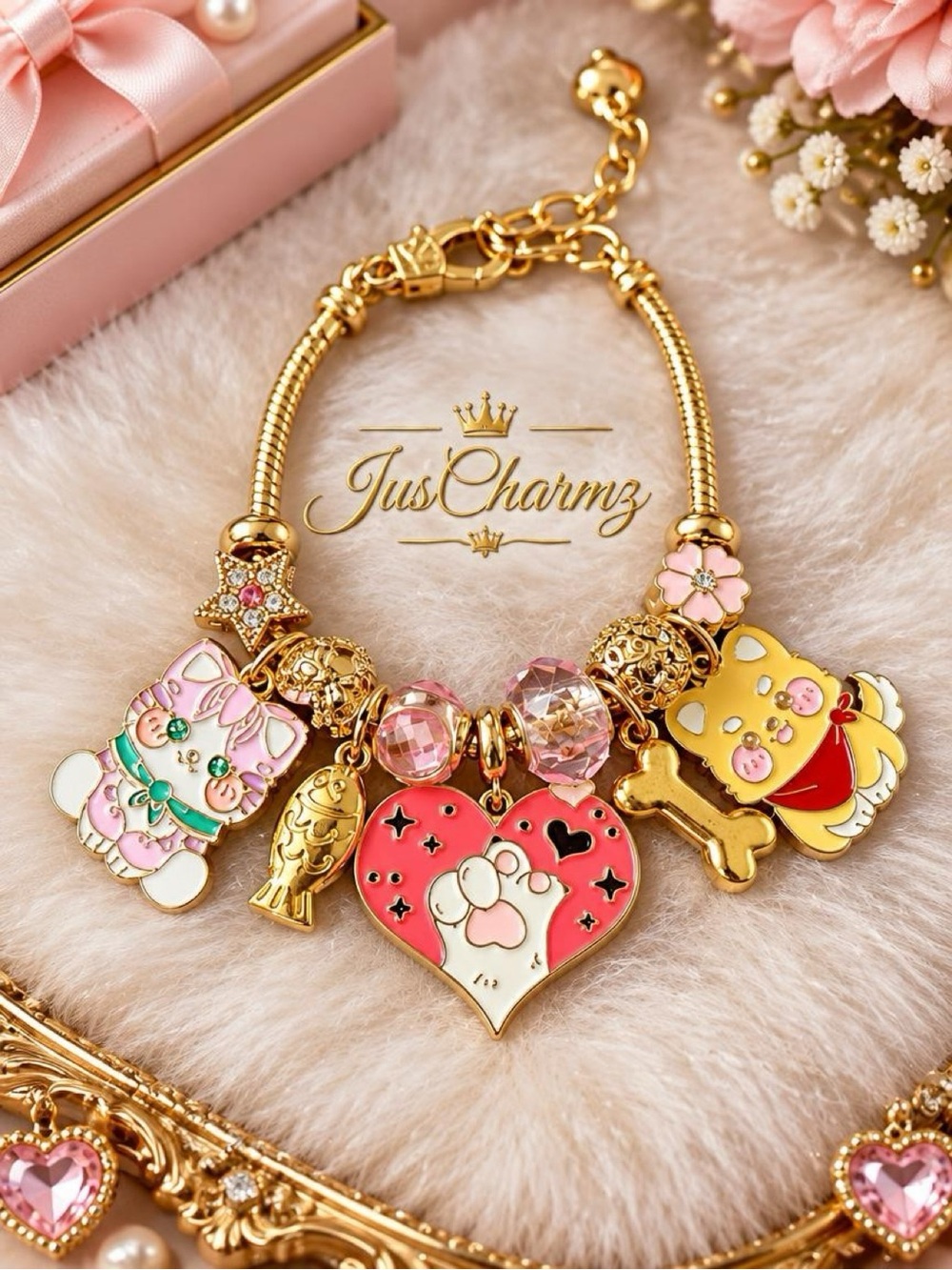 Cute Cat & Dog Lover Charm Bracelet | Paw Heart Pet Gift